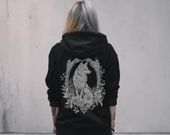 Viktorianischer Gothic Wolf Grafik Hoodie, Floral Whimsigoth Forestcore Kapuzenjacke, Emo Witchy Goth Kleidung, Alternative Dark Academia Hoodie