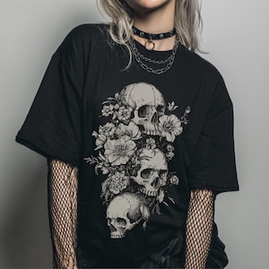 Floral Skull Comfort Colors T-Shirt, Gothic Graphic T-Shirt, Whimsigoth Witchy Clothing, Alternative Grunge Goth Shirt, Goth Gift image 4