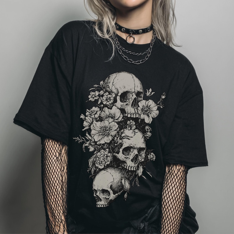 Floral Skull Comfort Colors T-Shirt, Gothic Graphic T-Shirt, Whimsigoth Witchy Clothing, Alternative Grunge Goth Shirt, Goth Gift image 4