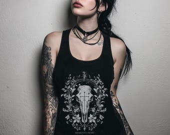 Memento Mori Goth Skull Graphic Bodycon Tank Top, Dark Cottagecore Witchy Shirt, Alternative Clothing, Emo Gothic Clothes, Goth Gift For Her