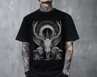 Deer Skull Raven Tarot Gothic T-Shirt, Occult Psychedelic Goth Graphic Shirt, Alternative Clothing, Emo Grunge Shirt, Goth Gift For Him Her