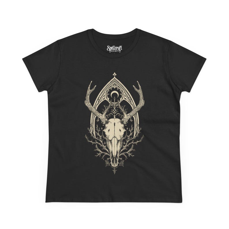 Deer Skull Fitted Pastel Goth Graphic T-Shirt, Witchy Whimsigoth Shirt, Fairy Grunge Gothic Clothes, Dark Cottagecore Top, Goth Gift For Her image 5