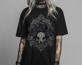 Romantyczna gotycka koszulka z czaszką kruka, grunge'owa koszulka z lat 90. z motywem Y2K, punkowa koszulka z grafiką, czarowniczo-gotyckie ubrania, top alternatywno-emo, gotycki prezent dla niej