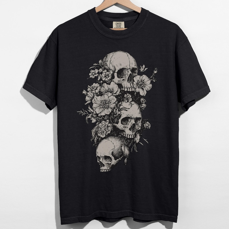 Floral Skull Comfort Colors T-Shirt, Gothic Graphic T-Shirt, Whimsigoth Witchy Clothing, Alternative Grunge Goth Shirt, Goth Gift image 5