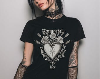 Heart of Arrows Fitted T-Shirt, Pastel Goth Y2K Graphic Shirt, Floral Emo Gothic Clothes, Coquette Whimsigoth Clothing, Goth Gift For Her