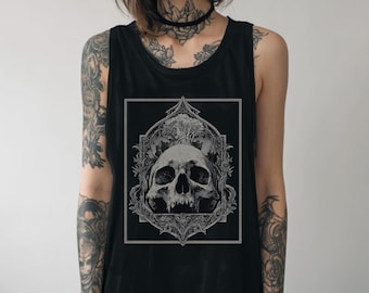Camiseta sin mangas con estampado de calavera de Comfort Colors, camiseta punk grunge, ropa gótica de bruja, camiseta dark academia trippy weirdcore, regalo alt goth para ella