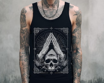 Unisex Skull Psychedelic Gothic Tank Top, Punk Grunge Occult Shirt, Alternative Goth Clothing, Trippy Tarot Card Tank Top, Gift For Him
