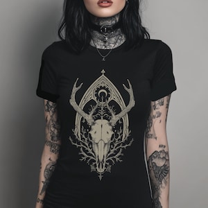 Deer Skull Fitted Pastel Goth Graphic T-Shirt, Witchy Whimsigoth Shirt, Fairy Grunge Gothic Clothes, Dark Cottagecore Top, Goth Gift For Her image 2