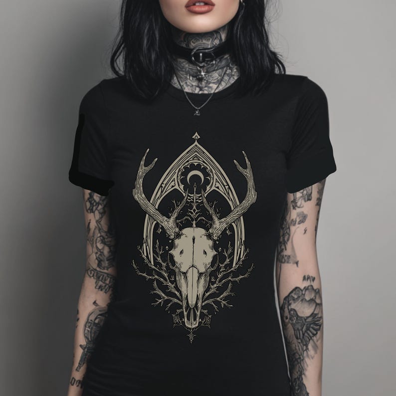 Deer Skull Fitted Pastel Goth Graphic T-Shirt, Witchy Whimsigoth Shirt, Fairy Grunge Gothic Clothes, Dark Cottagecore Top, Goth Gift For Her image 2
