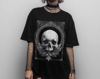Unisex Victorian Skull Gothic T-Shirt, Pastel Goth Graphic Print Shirt, Punk Grunge Clothing, Whimsigoth Dark Academia Top, Witchy Emo Shirt