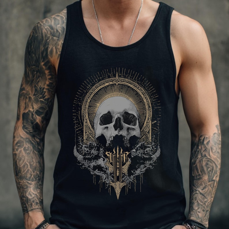 Gothic Skull Unisex Graphic Tank Top, Metal Grunge Punk Shirt, Mens Alternative Goth Shirt, Y2K Grunge Clothing, Goth Gift For Him image 3