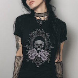 Victorian Skull Fitted Graphic T-Shirt, Y2K Pastel Goth Shirt, Emo Whimsigoth Clothing, Coquette Gothic Clothes, Witchy Goth Gift For Her Bild 1