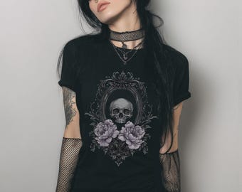 Victorian Skull Fitted Graphic T-Shirt, Y2K Pastel Goth Shirt, Emo Whimsigoth Clothing, Coquette Gothic Clothes, Witchy Goth Gift For Her