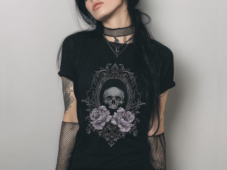 Victorian Skull Fitted Graphic T-Shirt, Y2K Pastel Goth Shirt, Emo Whimsigoth Clothing, Coquette Gothic Clothes, Witchy Goth Gift For Her Bild 1