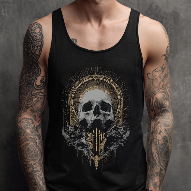 Gothic Skull Unisex Graphic Tank Top, Metal Grunge Punk Shirt, Mens Alternative Goth Shirt, Y2K Grunge Clothing, Goth Gift For Him image 2