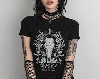 Memento Mori Skull Fitted Graphic T-Shirt, Dark Cottagecore Witchy Goth Shirt, Alternative Grunge Clothing, Gothic Clothes Goth Gift For Her