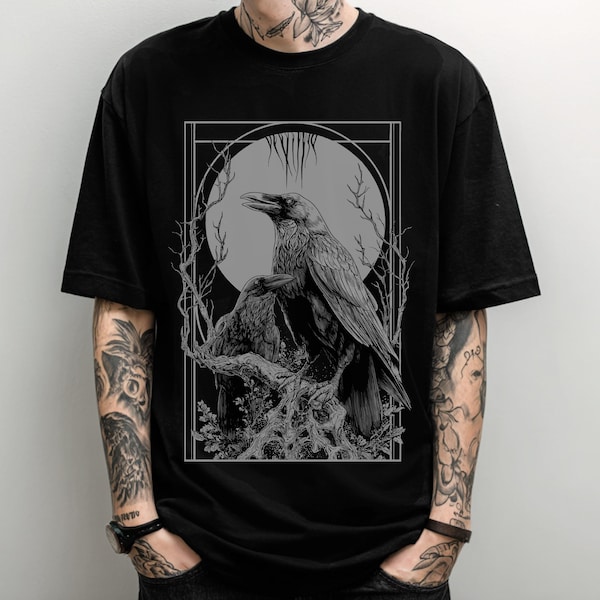 Unisex Raven Moon Gothic T-Shirt, Occult Witchy Graphic Shirt, Emo Goth Clothing, Alternative Metal Graphic Tee, Goth Gift For Him Her