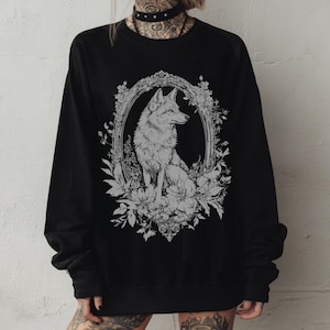 Victorian Wolf Graphic Sweatshirt, Floral Whimsigoth Forestcore Sweater, Emo Witchy Goth Pullover Shirt Alternative Dark Academia Sweatshirt image 1