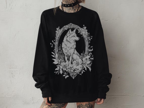 Victorian Wolf Graphic Sweatshirt, Floral Whimsigoth Forestcore Sweater, Emo Witchy Goth Pullover Shirt Alternative Dark Academia Sweatshirt