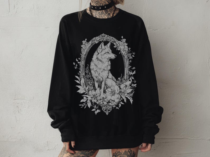 Victorian Wolf Graphic Sweatshirt, Floral Whimsigoth Forestcore Sweater, Emo Witchy Goth Pullover Shirt Alternative Dark Academia Sweatshirt image 1