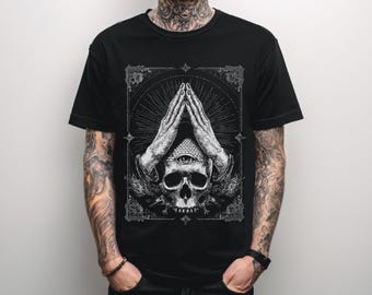 Unisex Occult Skull Psychedelic Gothic T-Shirt, Punk Grunge Streetwear, Alternative Goth Clothing, Trippy Tarot Card Shirt, Gift For Him Her