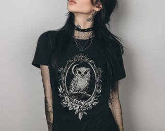 Victorian Owl Gothic Fitted T-Shirt, Witchy Whimsigoth Top, Y2K Goth Graphic Shirt, Forestcore Emo Alt Clothing, Goth Owl Gift For Her