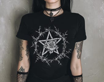 Y2K Pastel Goth Fitted T-Shirt, Gothic Pentagram Graphic Shirt, Alternative Witchy Clothing, Floral Print Emo Alt Grunge Top
