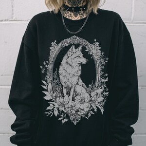 Victorian Wolf Graphic Sweatshirt, Floral Whimsigoth Forestcore Sweater, Emo Witchy Goth Pullover Shirt Alternative Dark Academia Sweatshirt image 4