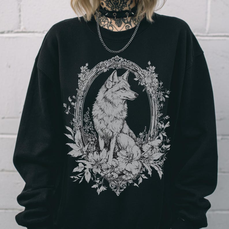 Victorian Wolf Graphic Sweatshirt, Floral Whimsigoth Forestcore Sweater, Emo Witchy Goth Pullover Shirt Alternative Dark Academia Sweatshirt image 4