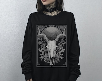 Unisex Bull Skull Witchy Gothic Graphic Sweatshirt, Emo Goth Grunge Pullover Sweater, Whimsigoth Dark Academia Clothing, Goth Gift For Her
