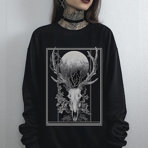 Unisex Deer Skull Goth Graphic Sweatshirt, Witchy Dark Academia Shirt, Cottagecore Forestcore Clothing, Gothic Clothes Emo Goth Gift For Her