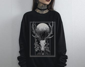 Unisex Deer Skull Goth Graphic Sweatshirt, Witchy Dark Academia Shirt, Cottagecore Forestcore Clothing, Gothic Clothes Emo Goth Gift For Her