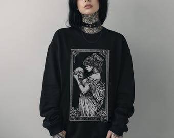 Kiss Of Death Tarot Card Goth Sweatshirt, Whimsigoth Witchy Graphic Pullover Sweater, Gothic Emo Punk Crewneck Sweater, Goth Gift For Her