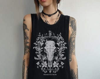 Unisex Memento Mori Goth Skull Graphic Tank Top, Dark Cottagecore Witchy Shirt, Alternative Forestcore Clothing, Gothic Clothes Gift For Her