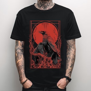 Camiseta gótica unisex Raven Blood Moon, camiseta gráfica ocultista de bruja, ropa emo gótica, camiseta gráfica de metal alternativo, regalo gótico para él/ella.