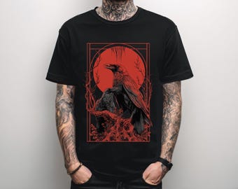 T-shirt gothique unisexe Raven Blood Moon, chemise graphique sorcière occulte, vêtements gothiques emo, t-shirt graphique en métal alternatif, cadeau gothique pour lui elle
