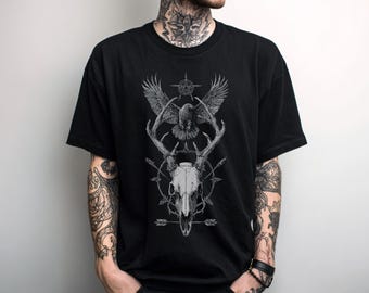 Occult Deer Skull Unisex Gothic T-Shirt, Punk Grunge Goth Graphic Shirt, Alternative Metal T-Shirt, Emo Goth Clothing, Goth Gift For Him Her