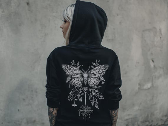 Butterfly Y2K Pastel Goth Hoodie, Graphic Print Witchy Hooded Jacket, Fairy Grunge Dark Boho Hoodie, Emo Goth Clothing, Goth Gift For Her