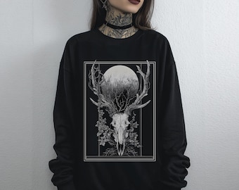 Unisex herten schedel Goth grafisch sweatshirt, Witchy Dark Academia shirt, Cottagecore Forestcore kleding, gotische kleding emo Goth cadeau voor haar