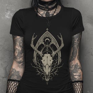 Deer Skull Fitted Pastel Goth Graphic T-Shirt, Witchy Whimsigoth Shirt, Fairy Grunge Gothic Clothes, Dark Cottagecore Top, Goth Gift For Her image 4