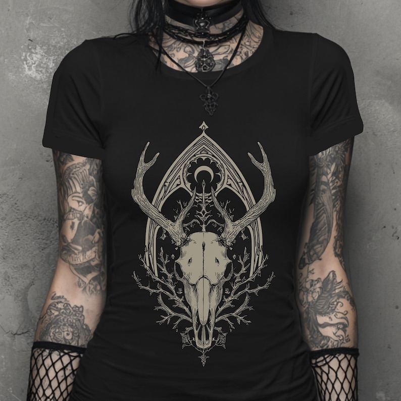 Deer Skull Fitted Pastel Goth Graphic T-Shirt, Witchy Whimsigoth Shirt, Fairy Grunge Gothic Clothes, Dark Cottagecore Top, Goth Gift For Her image 4
