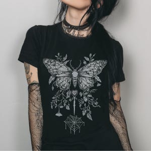 Butterfly Y2K Goth Fitted T-Shirt, Graphic Fairy Grunge Shirt, Dark Boho Emo Top, Gift For Her image 3