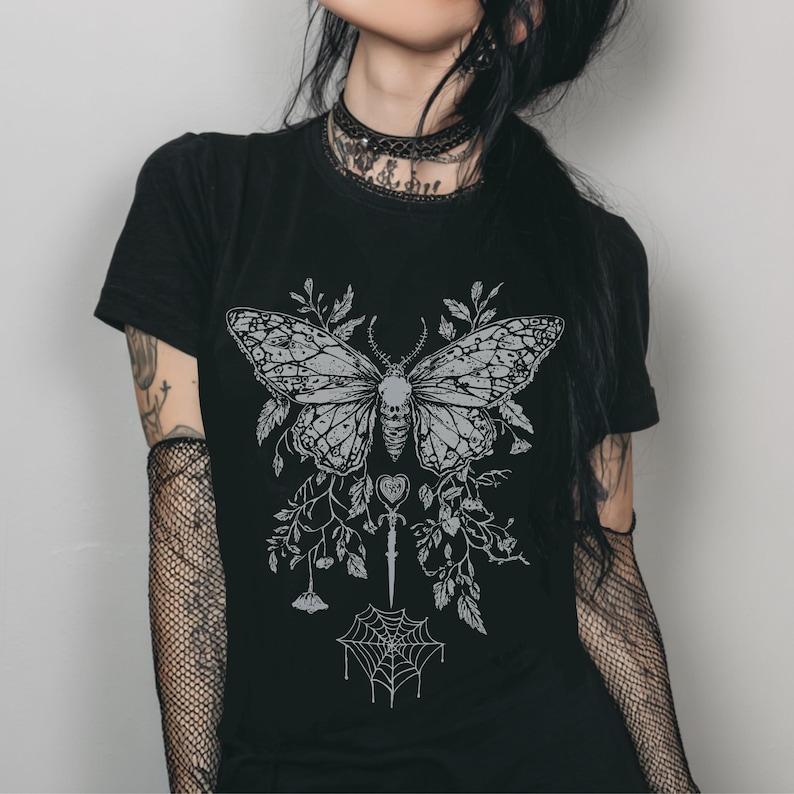 Butterfly Y2K Goth Fitted T-Shirt, Graphic Fairy Grunge Shirt, Dark Boho Emo Top, Gift For Her image 3
