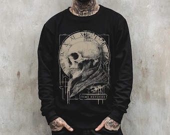 Unisex Skull Clock Gothic Graphic Sweatshirt, Punk Grunge Pullover Sweatshirt, Alternative Goth Clothing, Emo Alt Crewneck Goth Gift for Him