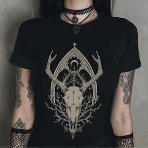 Deer Skull Fitted Pastel Goth Graphic T-Shirt, Witchy Whimsigoth Shirt, Fairy Grunge Gothic Clothes, Dark Cottagecore Top, Goth Gift For Her image 1