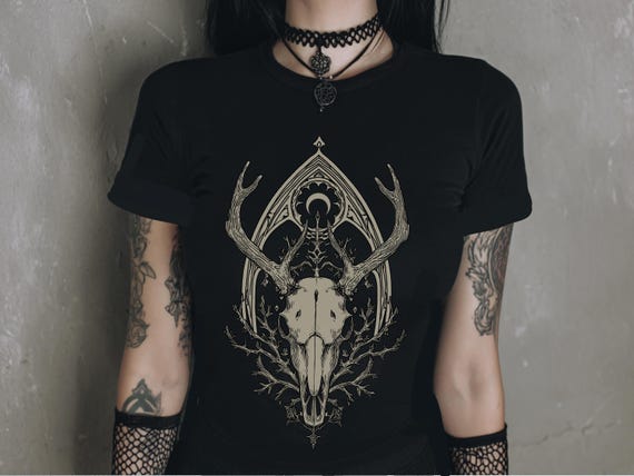 Deer Skull Fitted Pastel Goth Graphic T-Shirt, Witchy Whimsigoth Shirt, Fairy Grunge Gothic Clothes, Dark Cottagecore Top, Goth Gift For Her