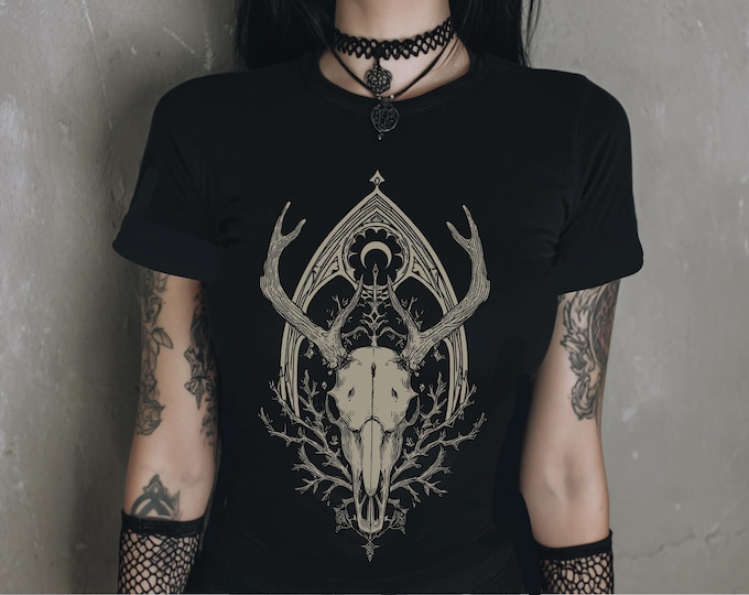 Deer Skull Fitted Pastel Goth Graphic T-Shirt, Witchy Whimsigoth Shirt, Fairy Grunge Gothic Clothes, Dark Cottagecore Top, Goth Gift For Her