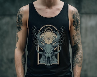 Deer Skull Gothic Unisex Graphic Tank Top, Alternative Punk Top, Mens Goth Shirt, Streetwear Grunge Clothing, Goth Gift For Him