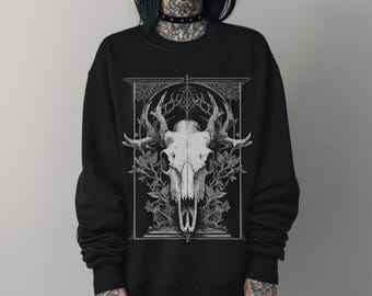 Occult Bull Skull Gothic Graphic Sweatshirt, Dark Cottagecore Witchy Pullover Sweatshirt, Dark Academia Grunge Clothing, Goth Gift For Her