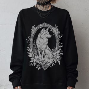 Victorian Wolf Graphic Sweatshirt, Floral Whimsigoth Forestcore Sweater, Emo Witchy Goth Pullover Shirt Alternative Dark Academia Sweatshirt image 2